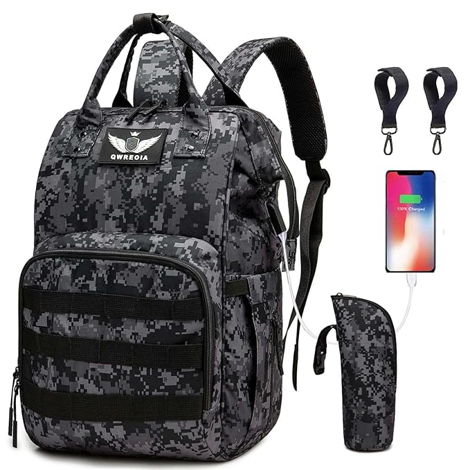Diaper Bag Backpack with USB Charging Port Stroller Straps and Insulated Pocket,army military Travel Nappy Backpack for Dad/Mom (Black Camo)