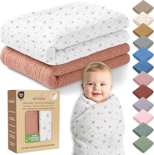 Organic Muslin Baby Blanket 2-Pack Cinnamon & Wildflower, 47x47 Inch, 100% Organic Cotton Oeko-TEX Certified Hypoallergenic Swaddle Blanket for Newborn Boy, Baby Boy Shower Gift