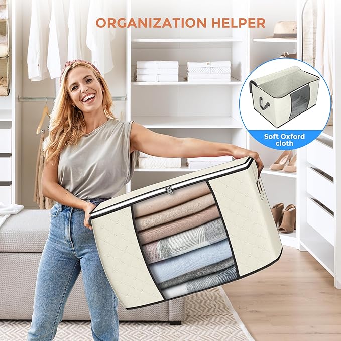 90 L Large Storage Bags, 4 Pack Clothes Storage Bins Foldable Closet Organizers Storage Containers with Reinforced Handle for Clothing, Blanket, Comforters, Bed Sheets, Pillows and Toys (Beige)