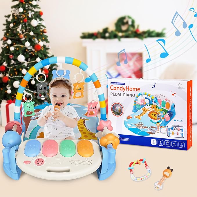 Baby Play Mat with Kick and Play Piano Gym, Funny Tummy Time Mat with Music and Lights, Baby Gyms & Playmats with 5 Infant Sensory Toys, Newborn Boy & Girl Gifts Months (Blue)