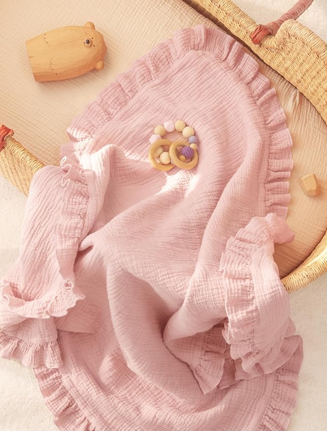lulumoon Ruffle Baby Blanket for Girls: Soft Muslin Cotton Newborn Photo Backdrop - Lightweight Crib Blanket for Nursery Decor & Baby Registry Gift 40"x36"(Pink)