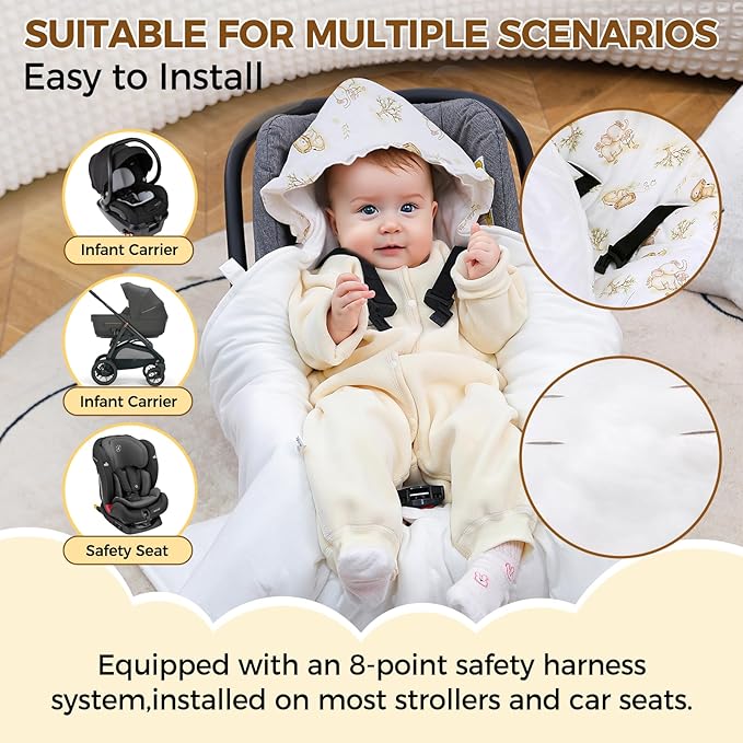 LAT LEE AND TOWN Winter Baby Car Seat Blanket for Newborn,35"x35"Universal Baby Wrap Blanket with Ruffle Hood,Winter Thickening Double Sided Cotton for Infants,Blankets for Stroller(Lion Elephant)