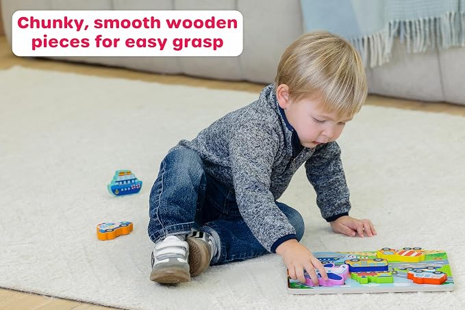 Jasey's Toy Chest Wooden Vehicles Puzzle & Play Pieces - 9-Piece Chunky Wooden Board Set with Train, Airplane, Police Car, Fire Truck, & More for Toddlers Ages 12+ Months