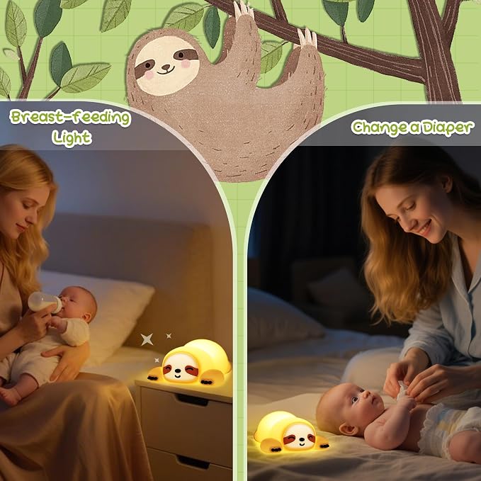 Sloth Night Light, Cute Squishy Lamp for Bedroom, Silicone Animal Dimmable & Timer Rechargeable Nightlight for Girls Boys Kids, Home Decor Christmas Birthday White Elephant Gifts