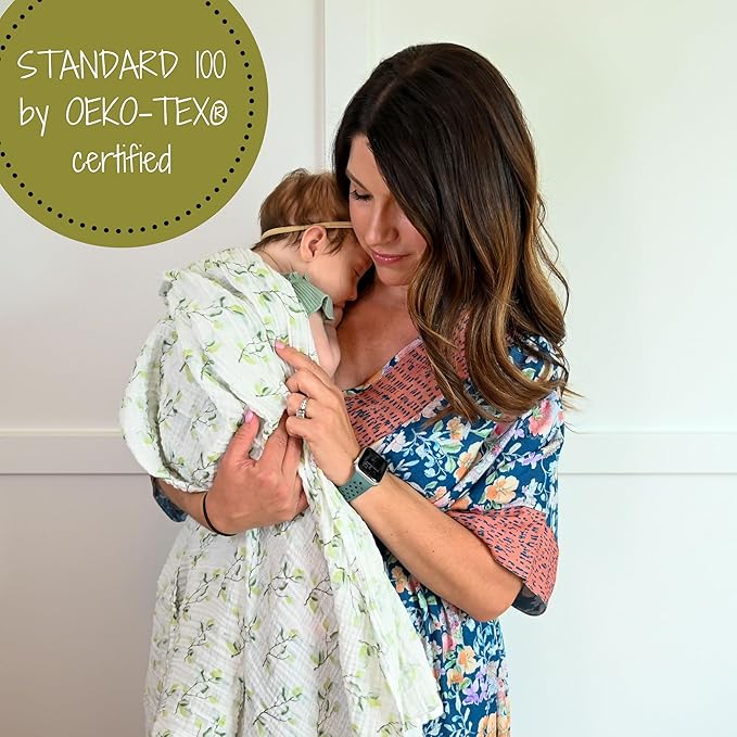 LollyBanks Muslin Swaddle Blankets for Girls, Large 47 x 47 Inches Soft Swaddles for Newborns, Breathable and Lightweight 100% Cotton Baby Blanket, Baby Essentials, Registry (Eucalyptus Print)
