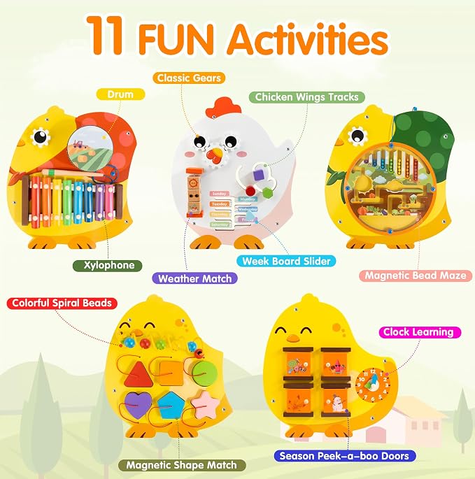 Chick Squad Activity Wall Busy Board Panels | 11-in-1 Wooden Sensory Wall Panel for Kids, Montessori Learning Activity Center | Perfect for Toddler Playroom Daycare Nursery Classroom Dentist Office