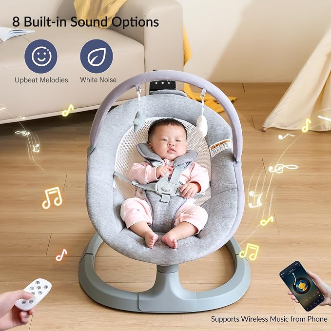 VaVaSoo 2-in-1 Electric Baby Swing, Dual-Arm Support Tollder Chair up to 66 lbs for Enhanced Stability, 3 Swing Motions & 8 Soothing Sounds, 2 Adjustable Height, Light Grey