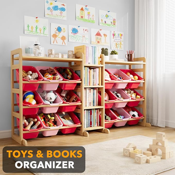 SpaceAid Large Toy Storage Organizer with 6 Shelves and 18 Bins, Book Shelf Organizers Storage Bookshelf, Kids Bin Shelf Box Bookcase for Bedroom Playroom Organization Room Decor, Red and Pink