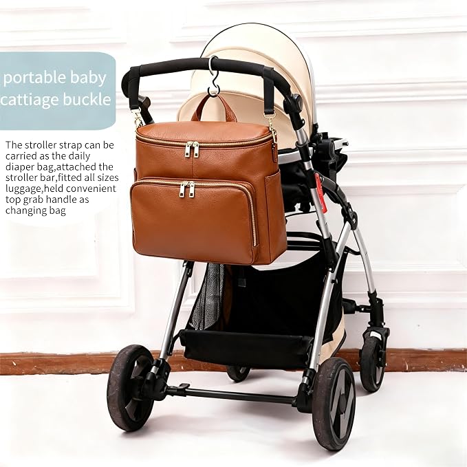 Large Diaper Bag Backpack with USB Port, Vegan Leather Diaper Tote, Hospital Bag for Labor, Stroller Straps(Brown)