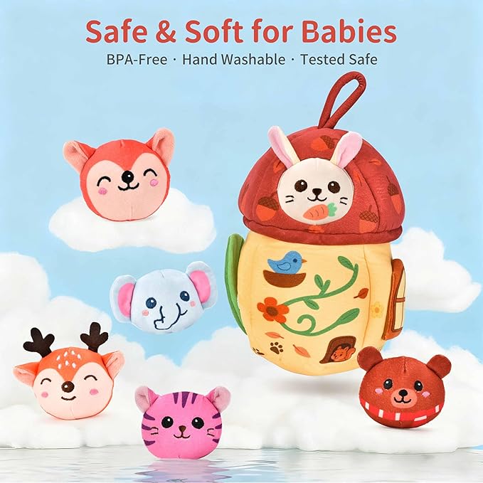 Montessori Toys for 1 Year Old & 6–12 Months Babies, Sensory Developmental Playset with Acorn House, Plush Animals & Cloth Book, Valentines Day Gifts, Easter Basket Stuffers