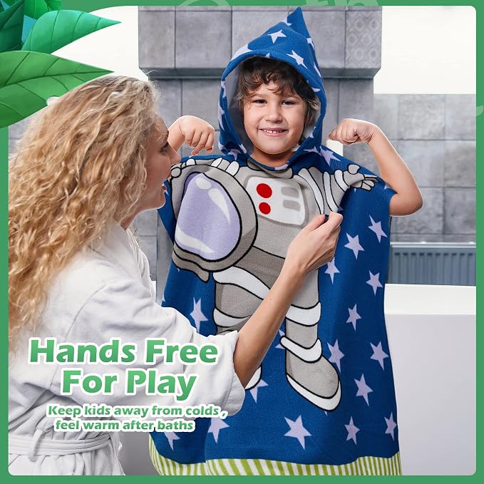 Chumia 3 Pack Kids Hooded Beach Poncho Towels Toddler Swim Pool Bath Towels with Hood Thicker Cotton Absorbent Cover up for Boys Girls Baby(59 x 30 Inch,Spaceman, Dinosaur)