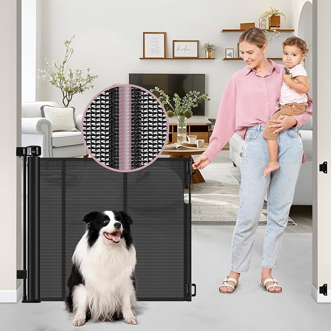Reinforced 56" Wide Retractable Baby Gates for Doorways with Support Rods - Prevent Crawling Under Retractable Gate, Mesh Pet Gate for Stairs Retractable Dog Gates for The House Indoor/Outdoor, Black