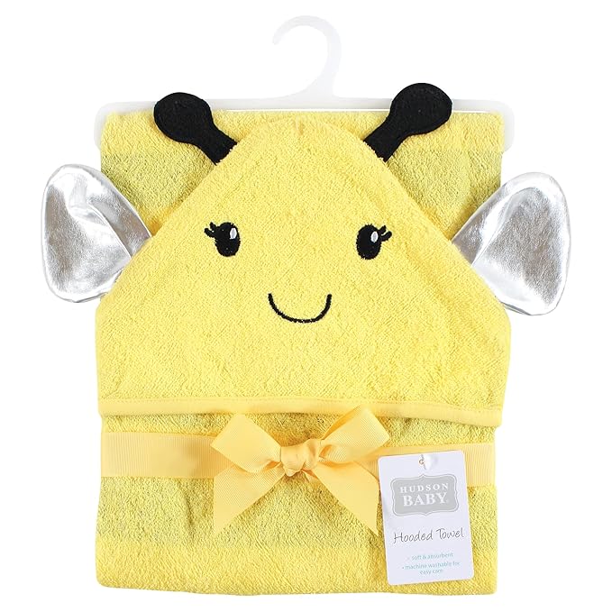 Hudson Baby Unisex Baby Cotton Animal Face Hooded Towel, Yellow Bee, One Size