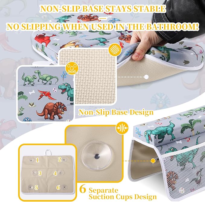 Bath Kneeler and Elbow Rest Pad Set, Dinosaur Design 1.5" Thick Comfortable Kneeling Cushion with Organizer Pockets - Quick Drying, Foldable, Non-Slip for Bathing Time