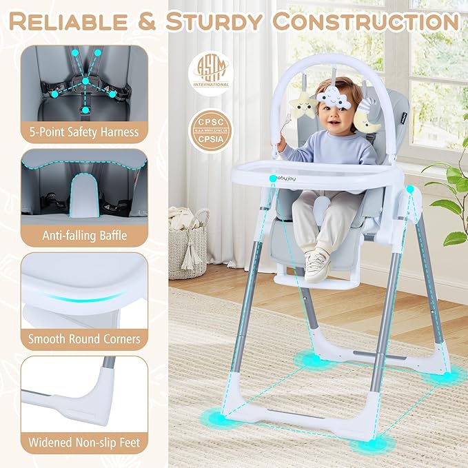 BABY JOY Foldable High Chair, Portable Highchairs for Babies and Toddlers with 7 Heights, 5 Recline Positions, Adjustable Foot Rest, Double Removable Tray & Built-in Wheels (Light Gray)