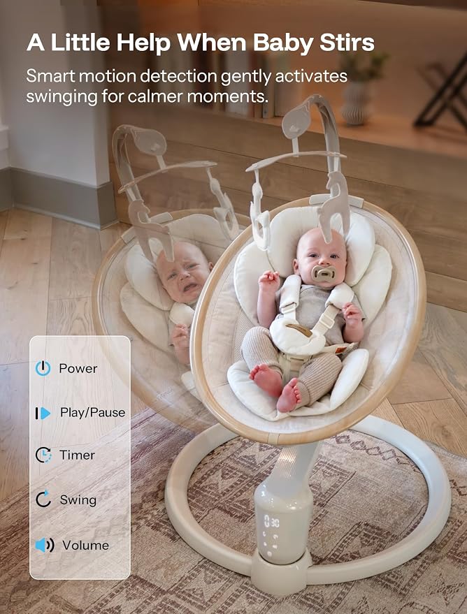 HARPPA Weddell Signature Baby Electric Swing for Newborns and Infants, Elevated Eye-Level Seat, 180° Rotation with Dual Motion, 5-Point Harness, 5 Speeds & Remote Control, Beige
