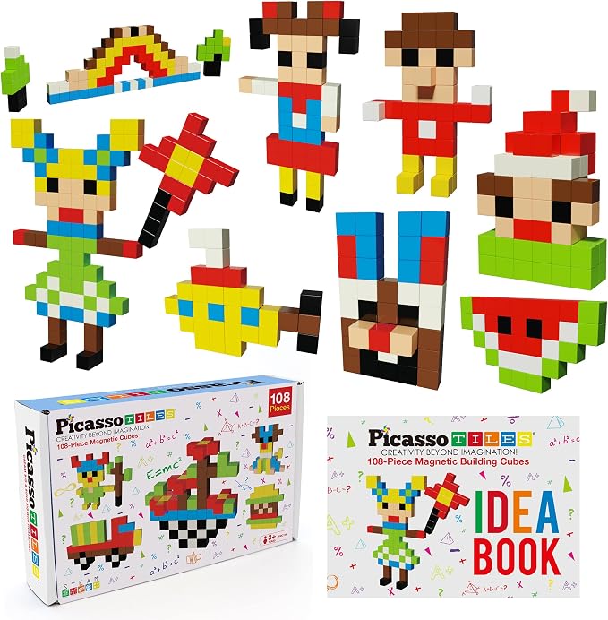 PicassoTiles 108PC Magnetic Puzzle Cube + Toys Carrying Case, 1" Pixel Mix & Match Cubes w/Free Idea Book Sensory Toys, Magnetic Tiles Construction Block Travel Bag, Waterproof Storage Organizer Box