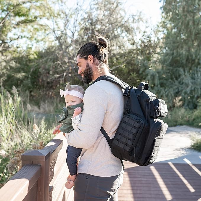 Dad Diaper Bag - Molle-Style Military Diaper Backpack Made of Rugged 900D Waterproof Polyester with Wider Extra-Long Straps, Pouch for Dirty Diapers, Baby Wipes Dispenser & Insulated Bottle Pockets