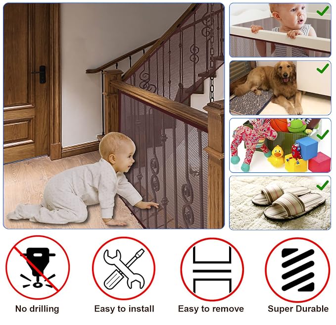 Baby Gate for Stairs, Banister Guard for Kids, Pets, Toys, 15ft L x 2.66 ft H, Mesh Netting Safety Net for Balcony Rail Stair, Stairway Net Baby Safety Products for Indoor & Outdoor (Brown)