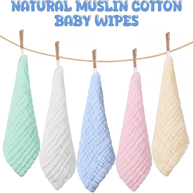 Chumia 30 Pcs Baby Muslin Washcloths Muslin Burp Cloths Baby Towel Natural Cotton Burp Cloths Wipes Soft Newborn Face Towel Absorbent for Face Bath Shower, 12 x 12''(Blue, White, Green, Yellow, Pink)