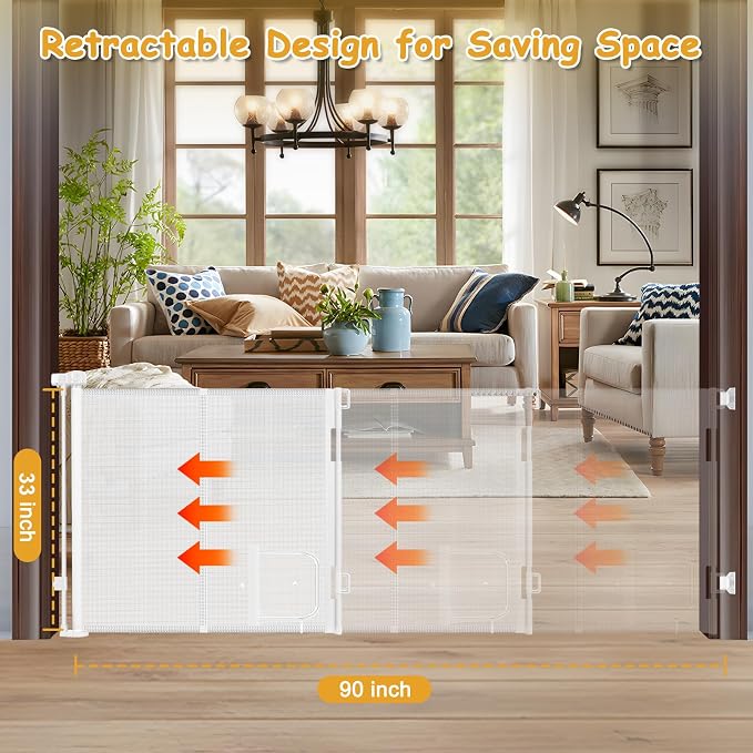 Reinforced 90” Extra Wide Retractable Baby Gate with Cat Door 33 Inch Tall Retractable Gates for Dogs Indoor with Door 7.5 Ft Extra Long Baby Gates for Large Openings Mesh Pet Gate Indoor, White