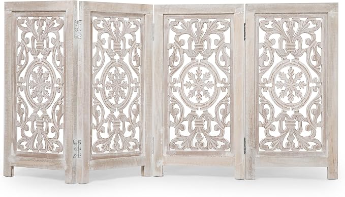 Decorative Wooden Pet Gate, Dog Fence, Cat Gate, Foldable, Adjustable, Portable, Extra-Wide, Wooden Dog Barrier, Free-Standing Puppy Gate 4 Panels for Indoor, Doorways, Stairs-26x52 Inch White Wash