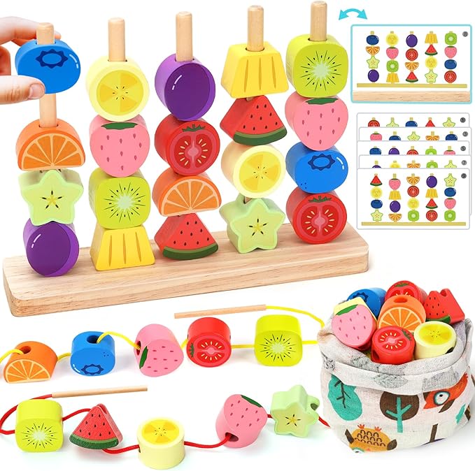 Montessori Wooden Beads Stacking Toys: 2 3 4 Year Old Boys Girls Birthday Gifts - Toddler Sequence Game & Sorting Blocks & Lacing & Matching Shape - Preschool Learning Activities for 2-5 Years Kids