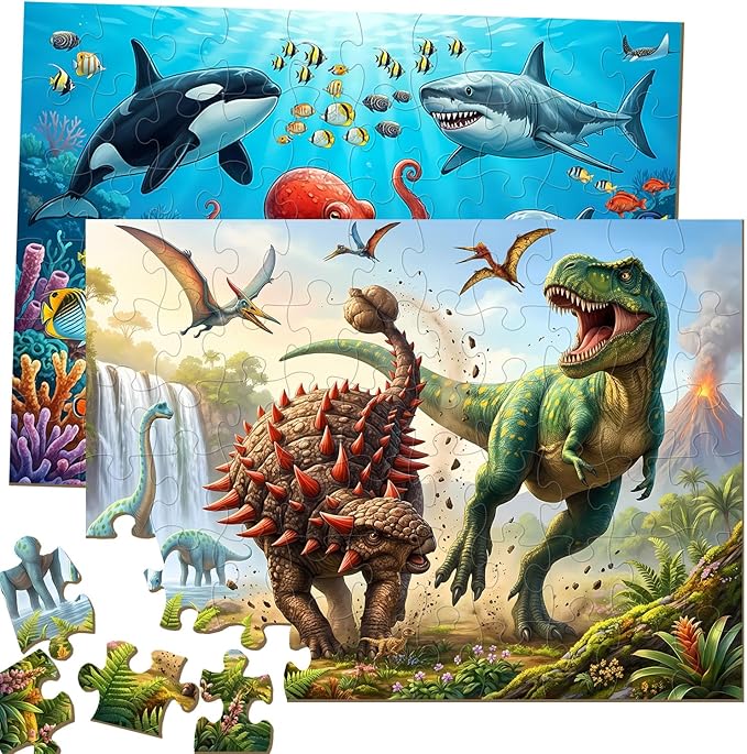 Puzzle for Kids Ages 4-6 – 2x60 Piece Jigsaw Puzzles for Toddlers 3-5,6-8,Dinosaur & Ocean Scenes,2 in 1 Pack Educational Dinosaur & Ocean Games for Boys & Girls