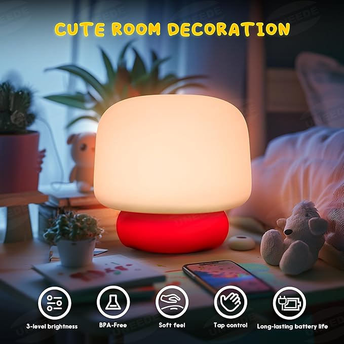 UNEEDE Mushroom Night Light for Kids with 13 Sound Effects Cute Mushroom Decor, Squishy Nursery Lamp with Timer,Christmas Birthday Gift