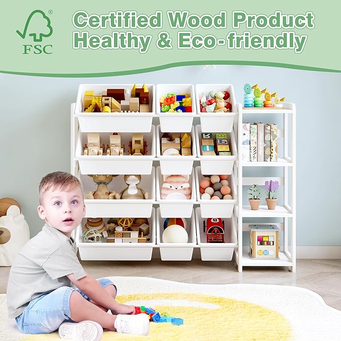 MallBest Kids Toy Storage Organizer with Bookshelf – Wooden Toy Bin Organizer with 12 Storage Bins & 3-Tier Shelf, Toy Shelf for Toddlers, Nursery, Playroom, Bedroom（White）