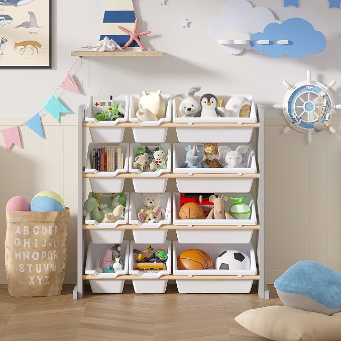 VECELO Kids Bookshelf Toy Storage with 12 Bins, Wooden Toy Rack for Toddlers, Large-Capacity Playroom Storage for Books, Toys, and Stuffed Animals, Grey