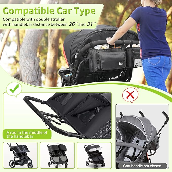 ZZM Double Stroller Organizer with 2 Cooler Pockets,Compatible for Bob Duallie, Jeep and Baby Jogger City Mini GT2, Double Baby Stroller Accessories, Parent Console Double Jogging Stroller Organizer