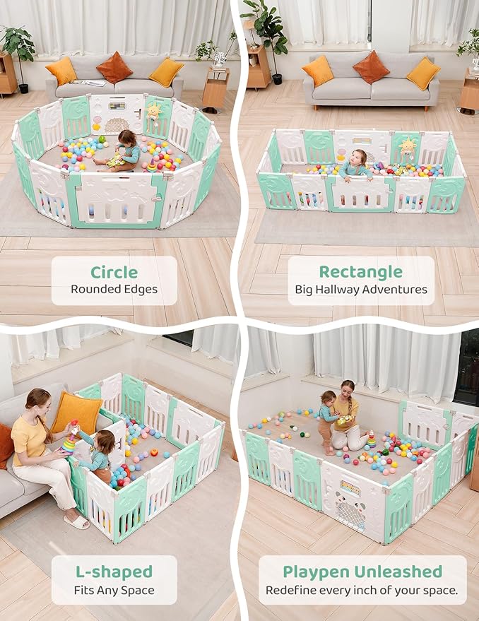 Baby Playpen, Dripex Baby Playard for Babies and Toddlers, 14-Panel Foldable Playpen Adjustable Portable Play Area, Indoor/Outdoor Kids Active Center with Game Panel & Safety Gate, Light Green White