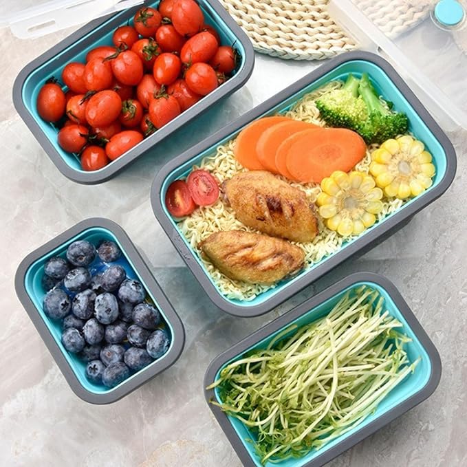 Collapsible Silicone Food Storage Containers: 4Pcs Reusable Foldable Snack Container with Airtight Lids, Freezer Microwave Safe Leakproof Food Containers for Kitchen Office Camping Picnic