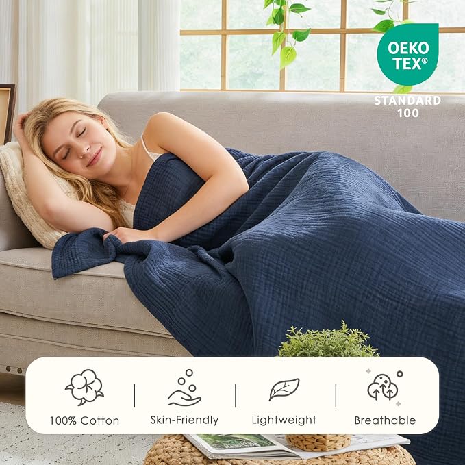 EMME Muslin Blanket 100% Cotton Twin Blankets Navy, 60"x80" Breathable Gauze Blanket All Season Soft and Lightweight Pre-Washed