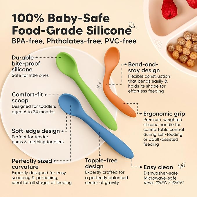 KeaBabies 3-Pack Silicone Baby Spoons and 2-Pack Baby Bowls with Suctions, Lids - Toddler First Food Training Spoon - Silicone Suction Bowls for Boy, Girl