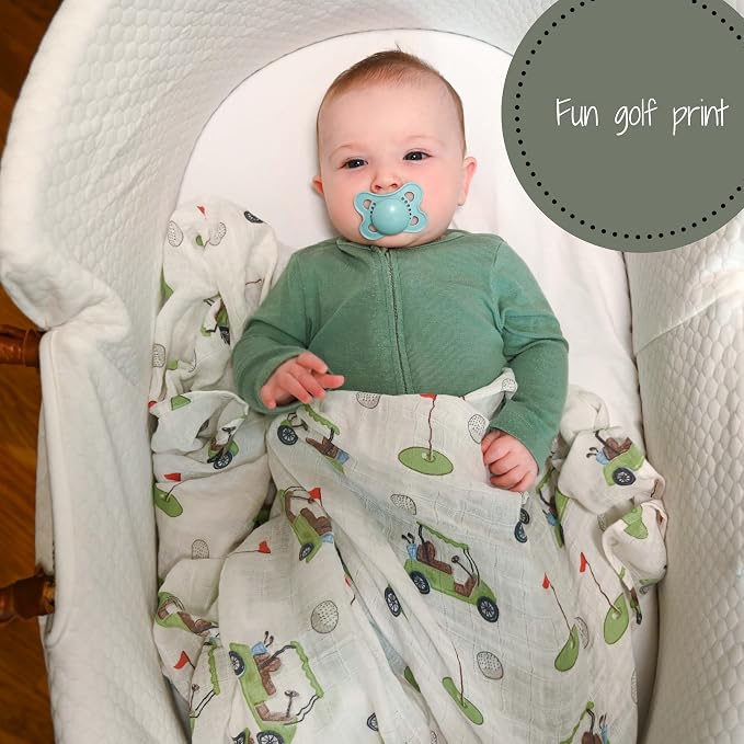 LollyBanks Swaddle Blanket 100% Cotton, 2 Pack Muslin Swaddle Blankets, 47 x 47 inches Baby Swaddles for Boys and Girls, Lightweight Baby Blanket, Registry (Golf Print)