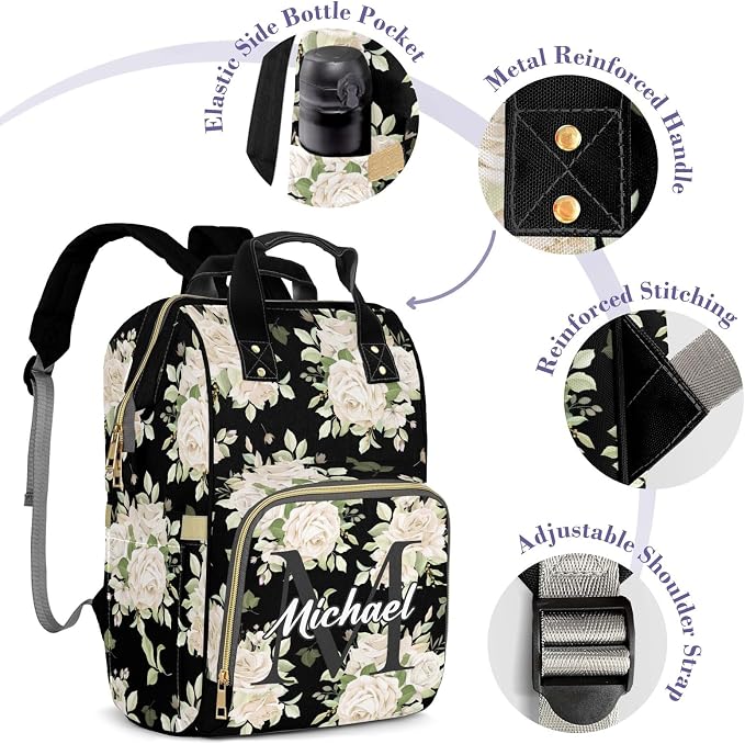 Custom Diaper Change Backpack, Large Capacity Floral Baby Bag, Personalized Multifunction Mommy Backpack With Insulated Pockets, For Boys & Girls