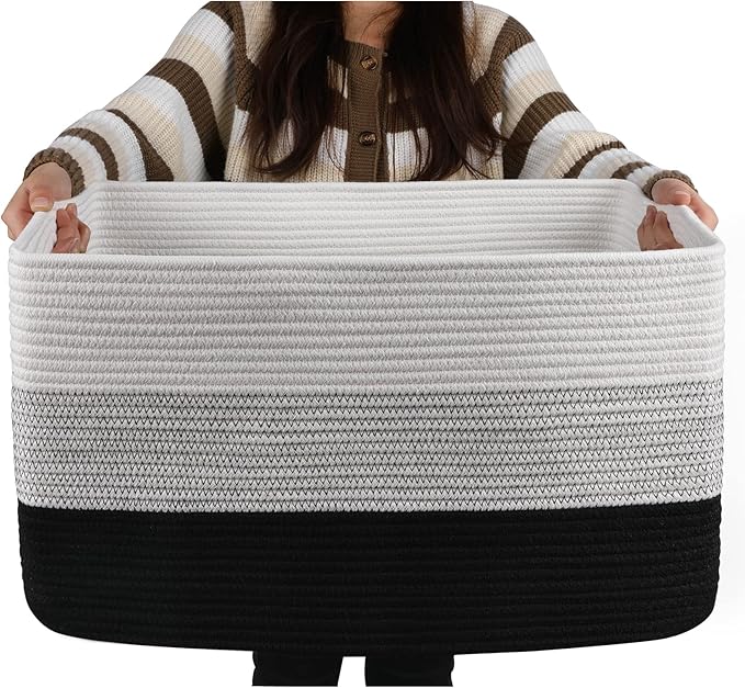OIAHOMY Large Blanket Basket, 22?�x17?�x12??Rectangle Woven Baskets, Nursery Blanket Storage Living Room, Toy Storage With Handle, Large Baskets for Organizing-Gradient Black
