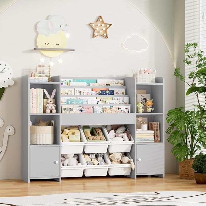 FINETONES Toy Storage Organizer with 6 Toy Bins, Toy Organizer Kids Bookshelf with 6 Cubbies, Toy Organizers and Storage Bins, Playroom Storage and Toy Chest, Grey