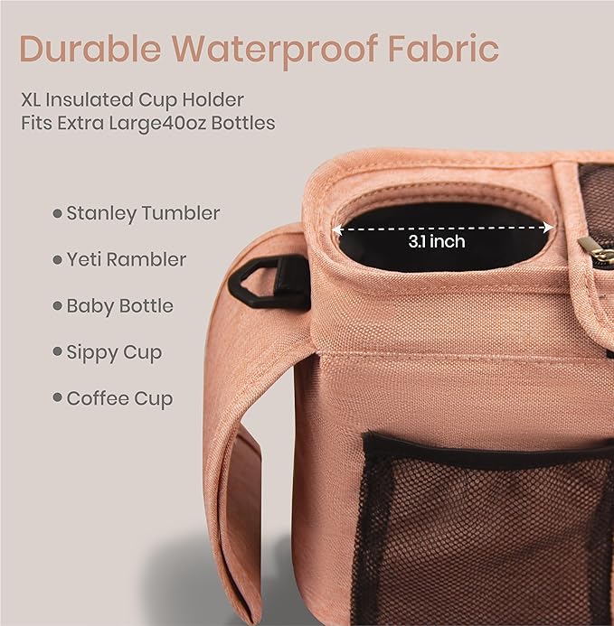 Universal Stroller Organizer, Pink - 2 Insulated Cup Holders - Non-Slip Stroller Caddy Bag - Detachable Phone Pouch - Fits Uppababy, Nuna - New Mom Essentials
