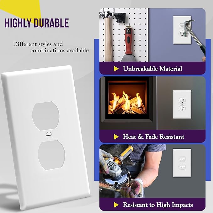 ENERLITES Duplex Receptacle Outlet Wall Plate, Jumbo Outlet Covers, Gloss Finish, Oversized 1-Gang 5.5" x 3.5", Polycarbonate Thermoplastic, 8821O-W, White