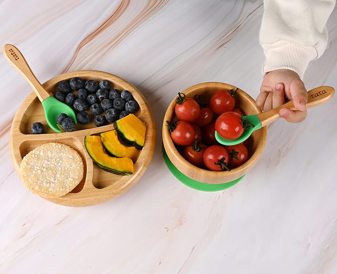 TATA AMG® Bamboo Suction Plate & Bowl with Fork and 2 Spoons | Divided Wooden Feeding Dish for Toddlers | BPA-Free Baby Led Weaning (BLW) Utensil Set