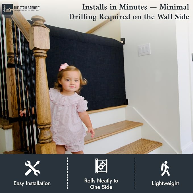 The Stair Barrier First Fabric Wall to Banister Baby Gate for Stairs 43”–52” Wide x 32” Tall – Dog Gate for Stairs, for Top or Bottom Staircase, Machine-Washable, Climb Proof, Designed in USA – Black