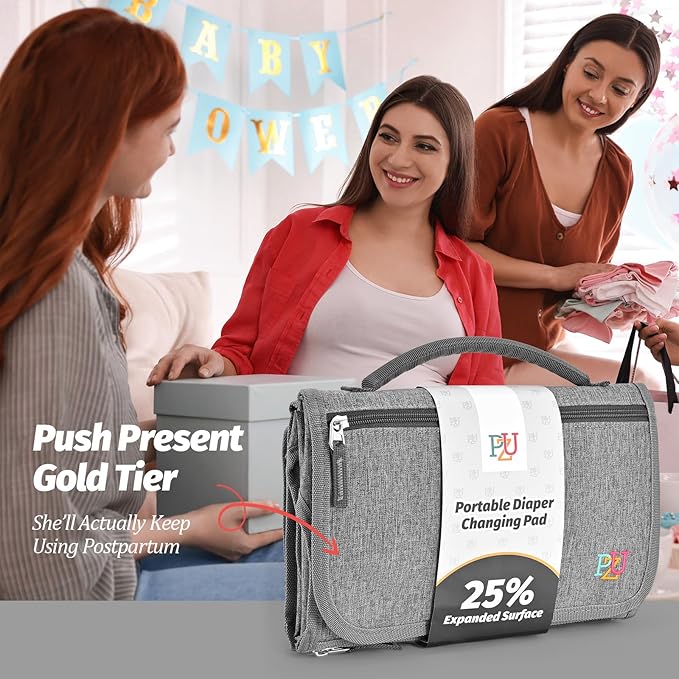 PZU Portable Diaper Changing Pad - Changing Pad Portable with Wipes Pocket, Waterproof Diaper Changing Mat, Portable Changing Pad for Baby, Newborn Gift（Grey）