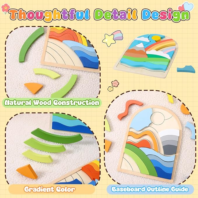 Montessori Wooden Shape Puzzles - Color Matching & Cognition Fun for Kids Over 3 Years Old, with Rainbow Blocks & Themes, Fine Motor Skill Building Toys & Gifts (3 Pack Colorful)