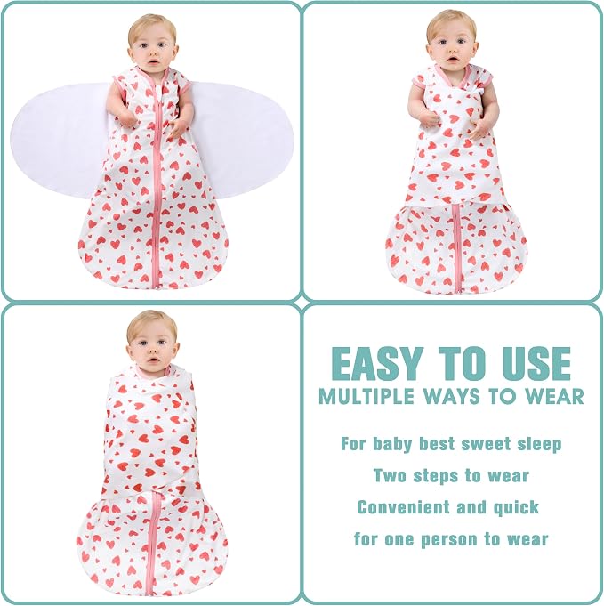 BSTOPPT Newborn Sleep Sack Baby Swaddle,Swaddle me 6-12 Month,3-Way Adjustable Wearable Blanket,100% Rayon Cotton Swaddling Sleeping Bag，TOG 0.5 (Love, 6-12 Months)