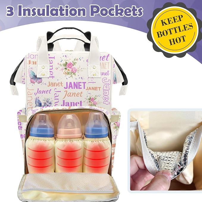 Custom Diaper Bag with Name Personalized Multifunctional Mommy Backpack for Daughter Granddaughter, White Daypack Bag for Travel
