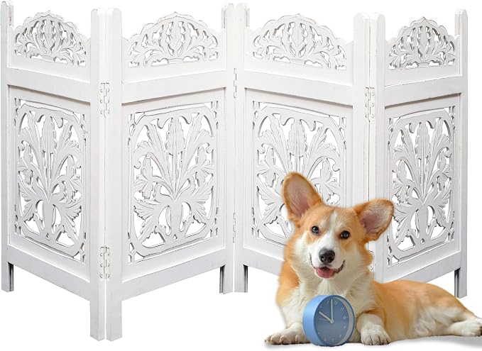 Free Standing Dog Gate – 4 Panel Foldable Wooden pet gate Indoor 72" W x 24" H, Hand-Carved Solid Wood & MDF, Portable Indoor Gate for Doorways, Halls, Stairs – Fully Assembled, White Finish