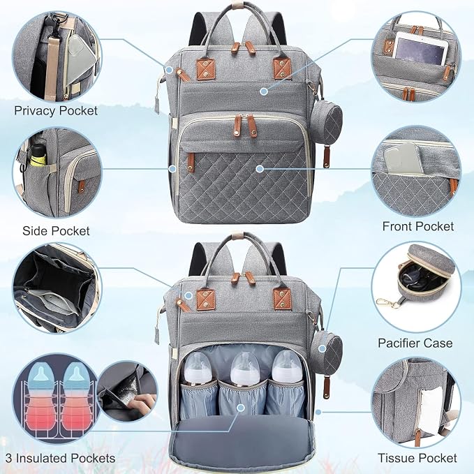 Black Diaper Bag Backpack, Multifunctional Waterproof Mommy Bag with Changing Pad, USB Port, Stroller Straps, Large Capacity Baby Travel Bag (grey)